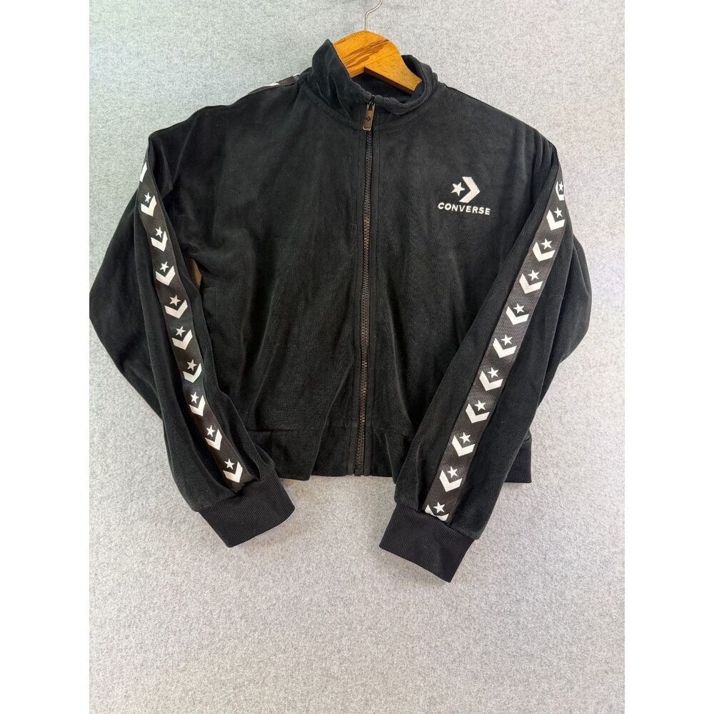 Converse Youth Large Black Velour Track Jacket Full Zip Logo Tape 3445